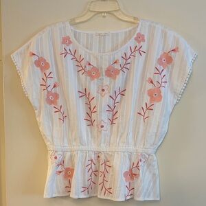 Copper‎ Key Women’s White Blouse with Pink Floral Embroidery, size XL